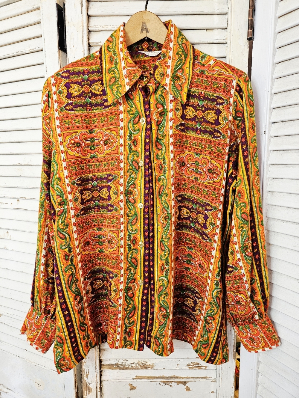 Vintage 70s Ship 'n' Shore Paisley Blouse Orange, Purple & Green Medium